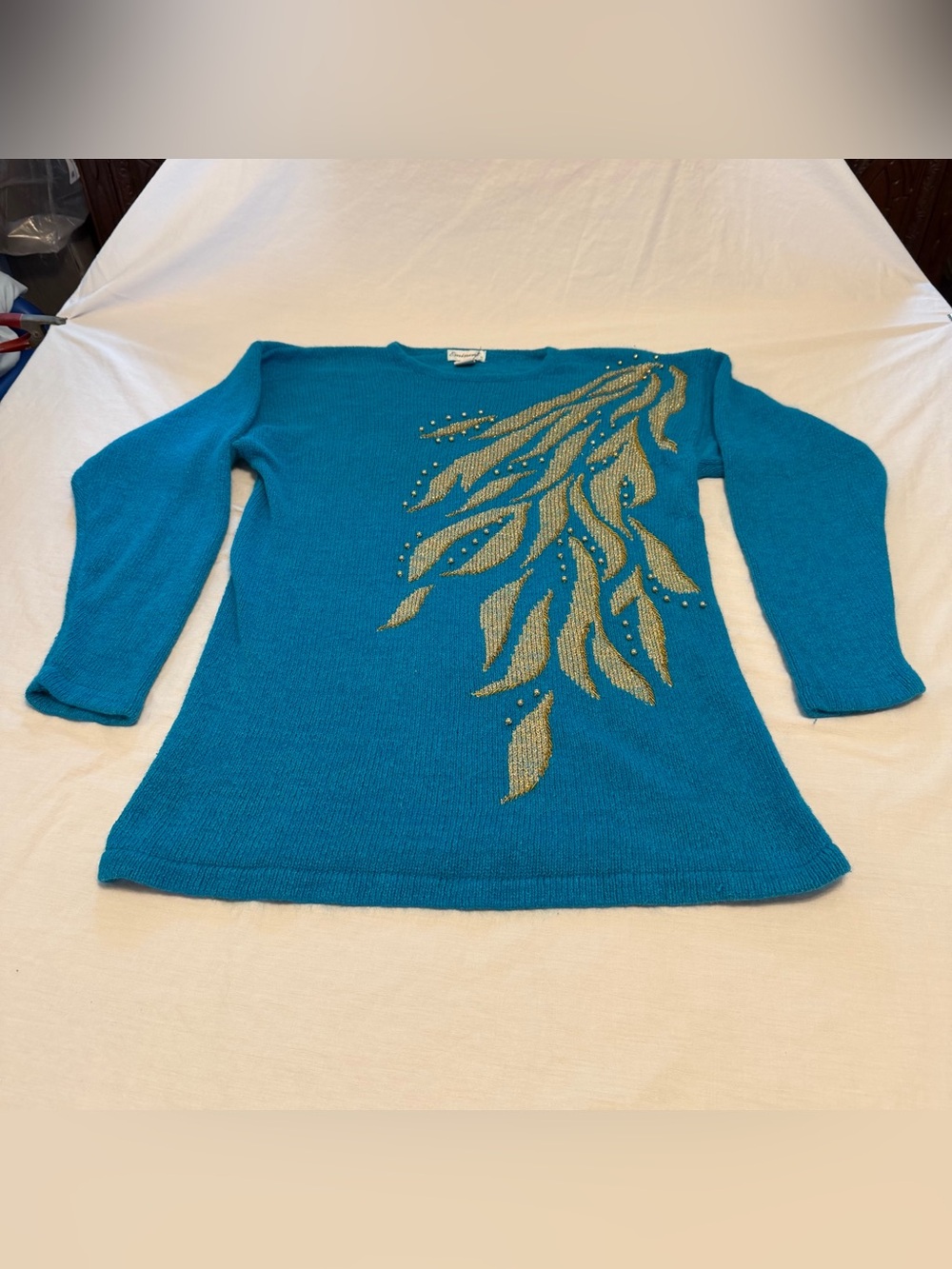 Eminent Teal Knit Sweater with Gold Leaf Embellishment Size L
